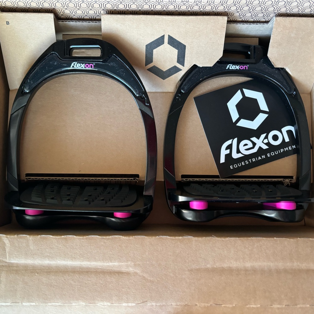 New in box - Flex on pink and black aluminum stirrup irons - inclined grip